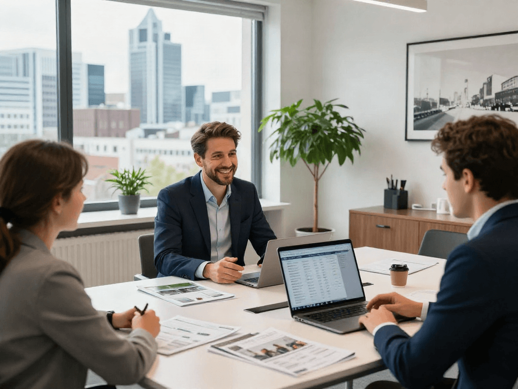 Professioneller Immobilienmakler Düsseldorf bespricht Immobilienangebote mit Kunden in modernem Büro.