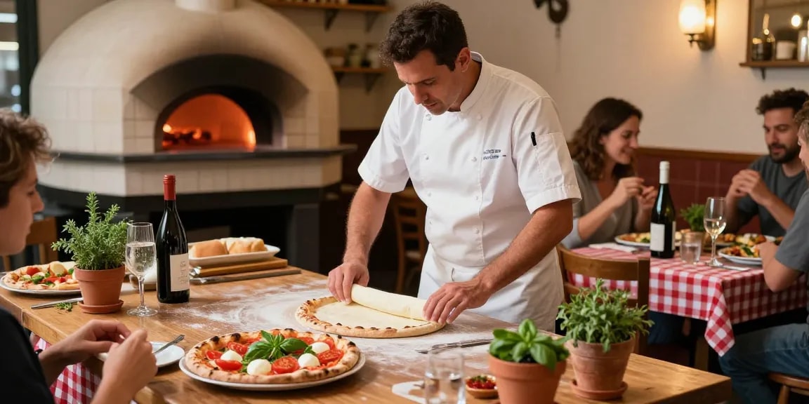 Delicious Italian pizza preparation scene in Pizzeria Madera highlighting pg soft textures and vibrant ingredients.