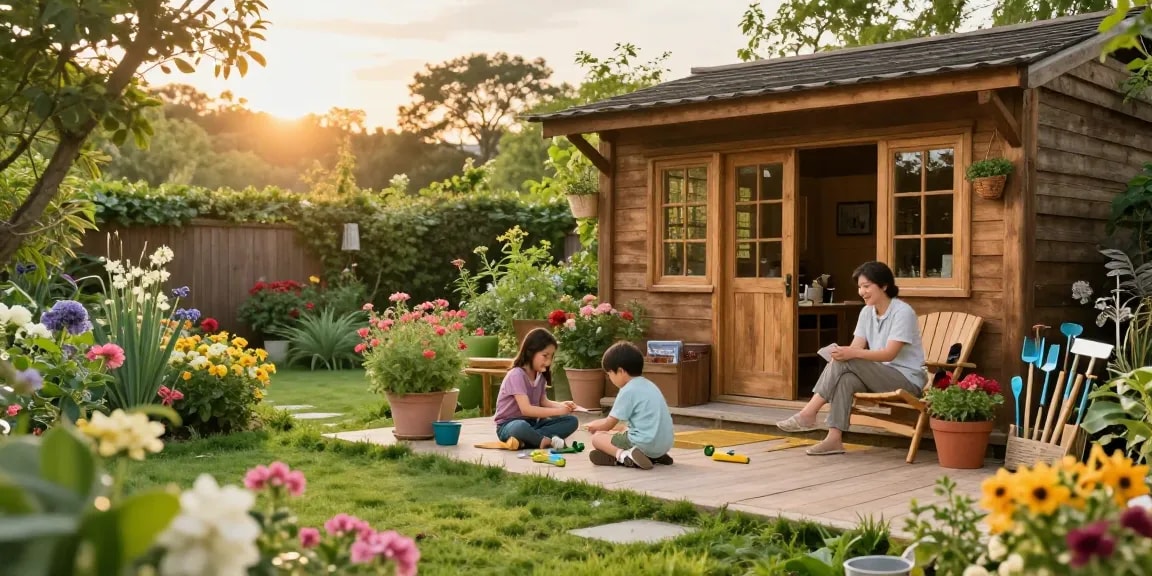 Gartenhaus kaufen: Familie genießt Zeit im Garten mit blühenden Pflanzen und Holzhaus.
