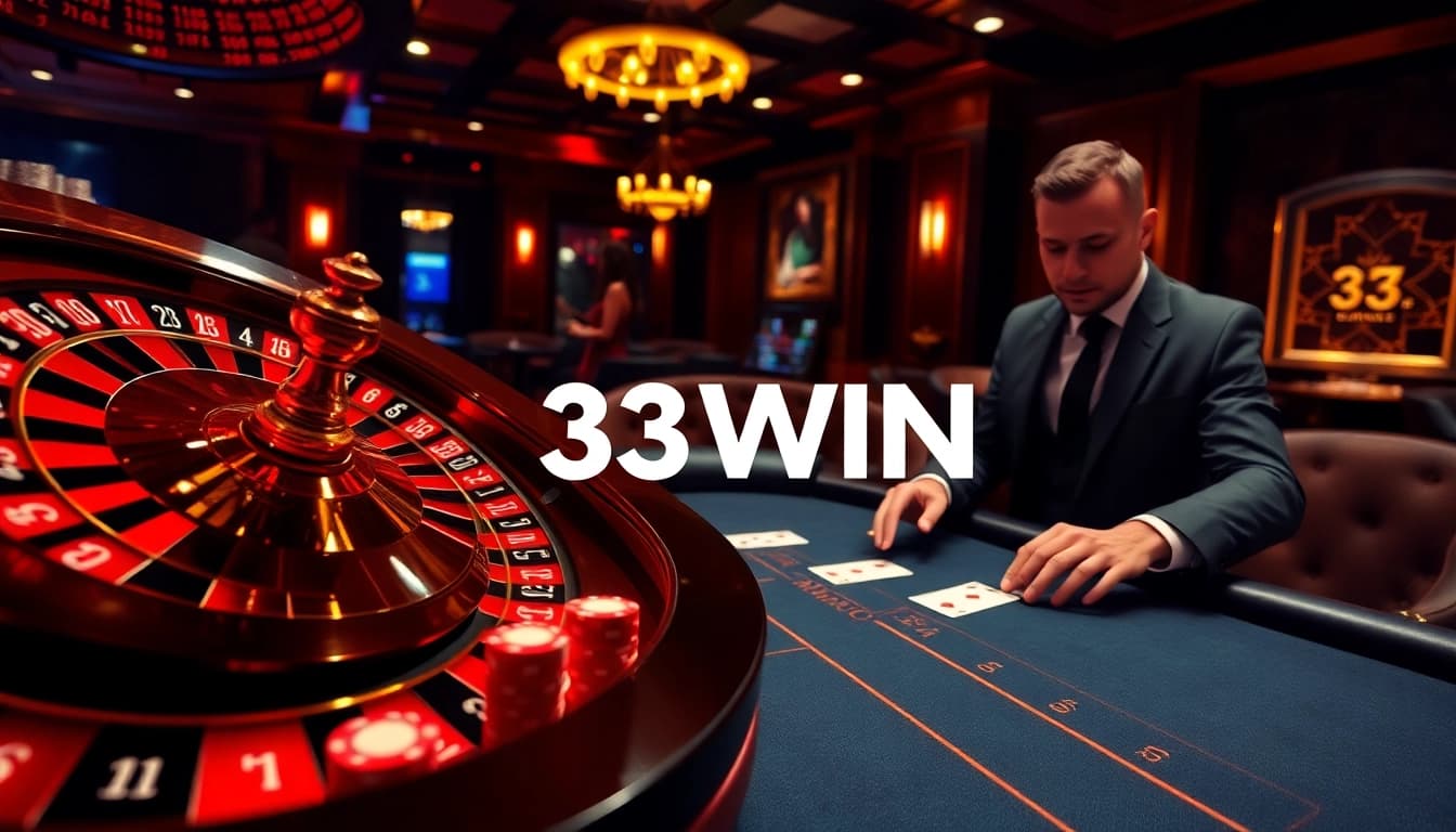 33WIN players engaging at an elegant casino table with poker chips and roulette.
