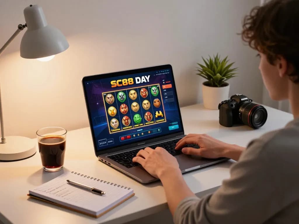 Engaging with online slots at SC88 DAY in a cozy home office setup, showcasing strategic gaming.