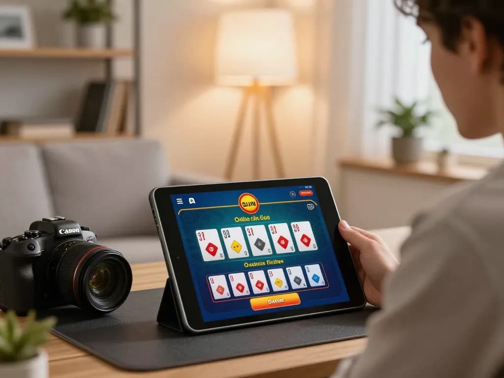 Sun win app interface displayed on tablet in a cozy home gaming setup, showcasing responsible gaming.