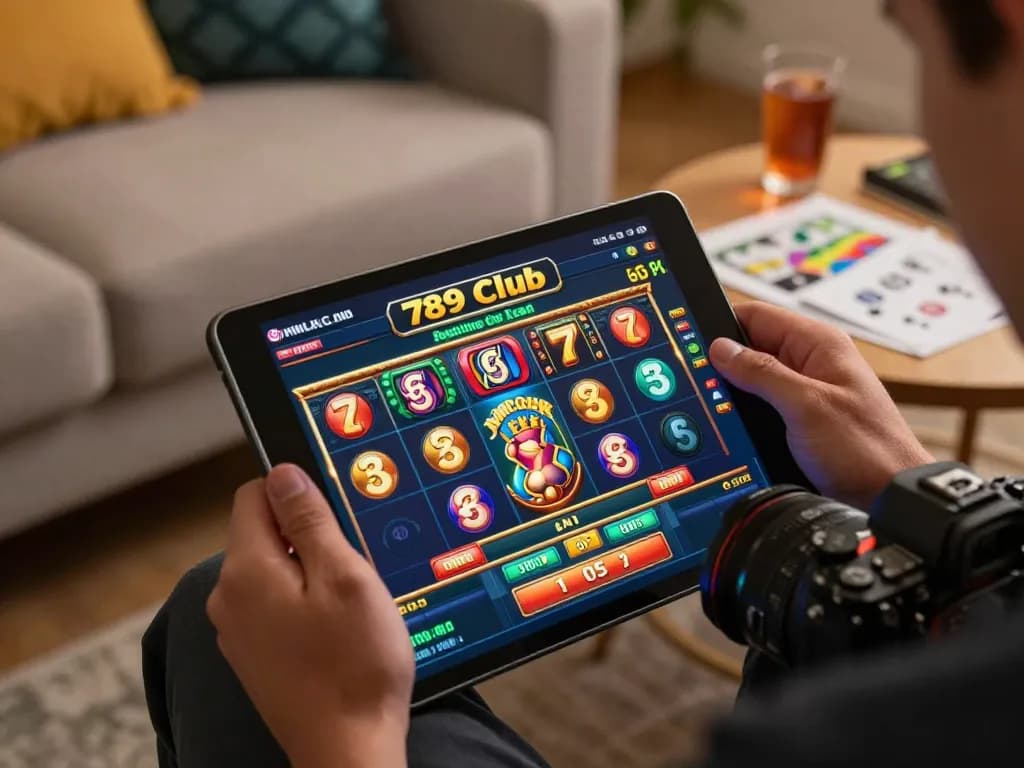 Player engaging with the 789 club casino app in a cozy home setting, highlighting online gambling experience.