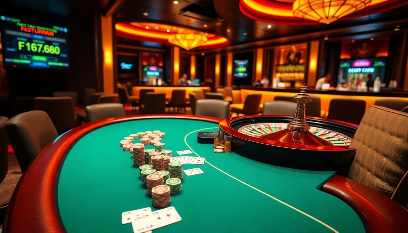 Experience thrilling gaming moments at https://f168.today/, showcasing vibrant casino tables and poker action.
