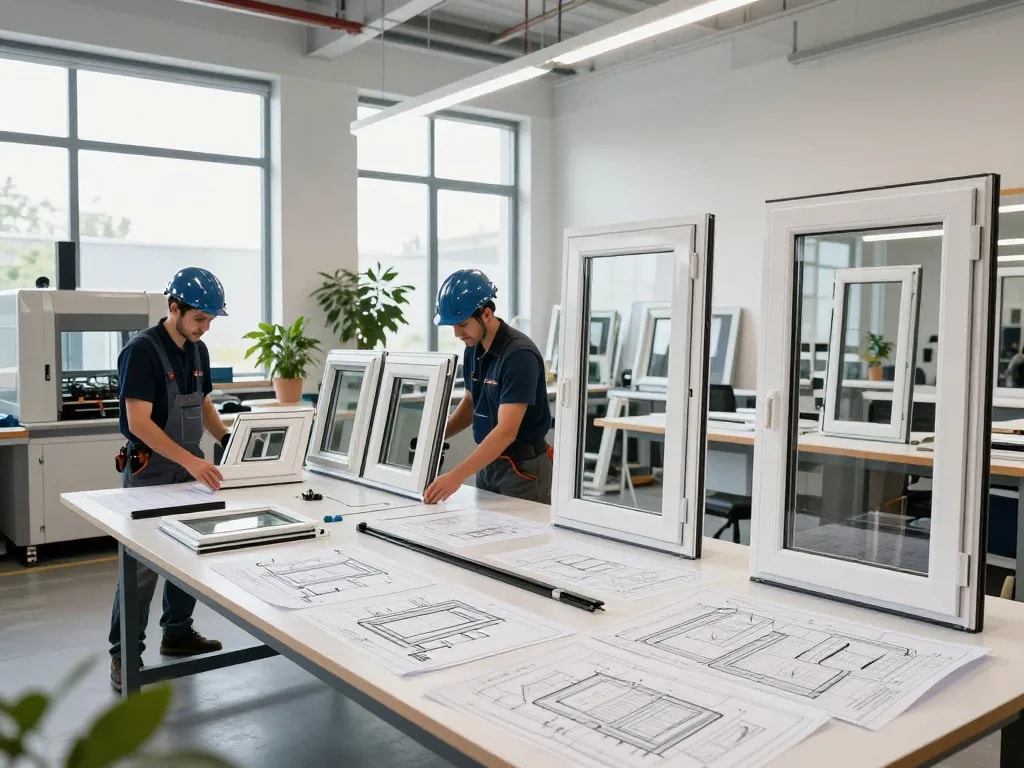 Handwerker arbeiten in einer modernen Werkstattumgebung an innovativen Fensterbau-Designs zusammen