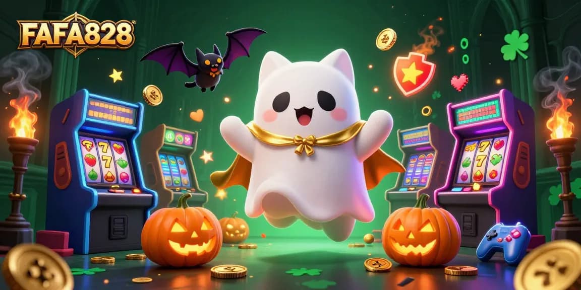 Engage with FAFA828’s vibrant haunted casino scene featuring ghostly characters and interactive game elements.