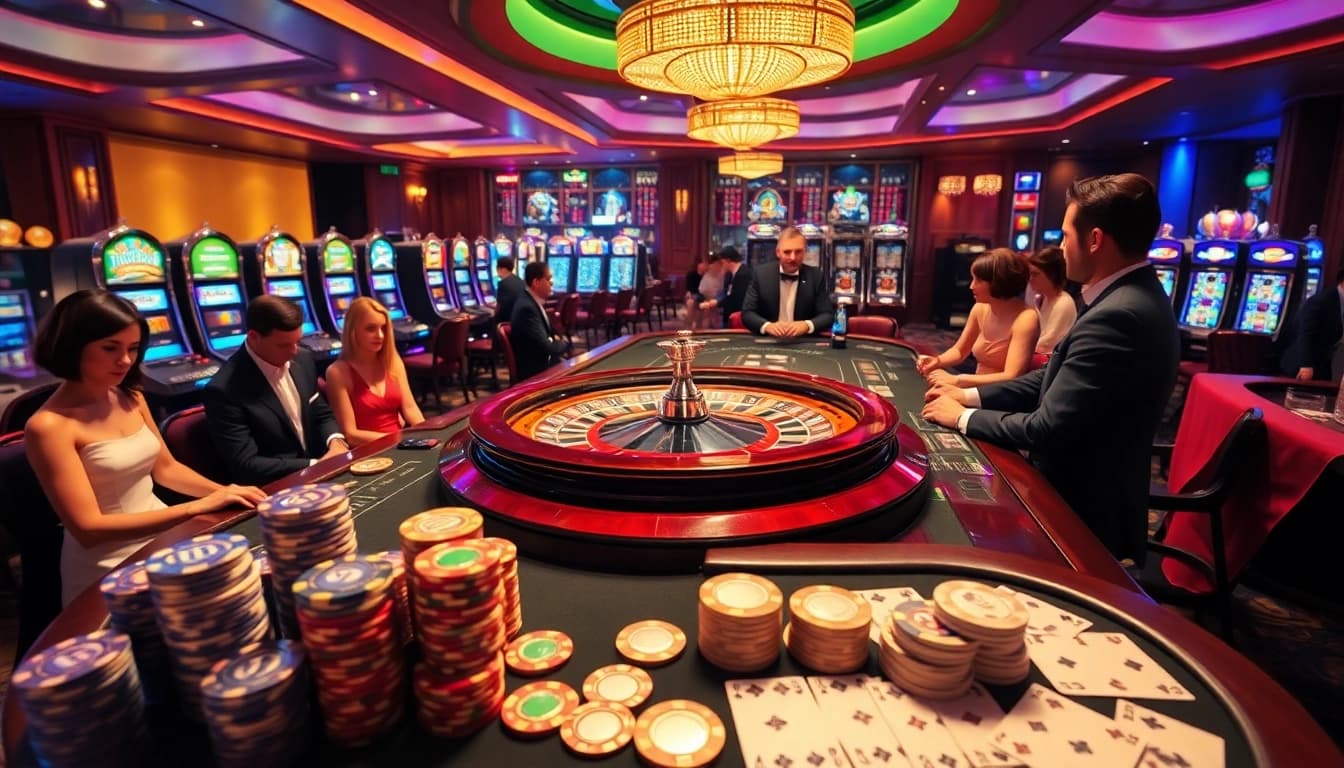 Exciting interactive gambling scene showcasing qh88 slots, poker tables, and roulette wheel action.