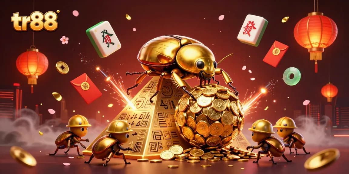 Experience the excitement of tr88 with golden beetles rolling coins and festive casino elements.