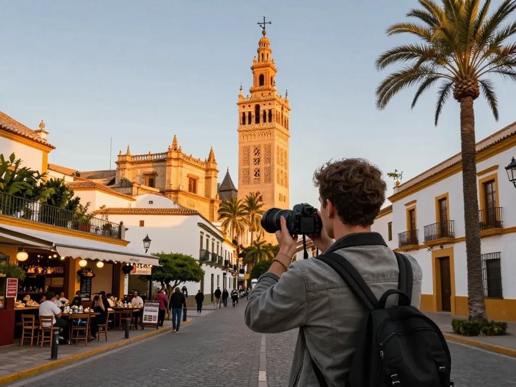 Reisetipps Sevilla: Reisender fängt den Sonnenuntergang im Real Alcázar ein und zeigt ikonische Sehenswürdigkeiten und lokale Kultur.