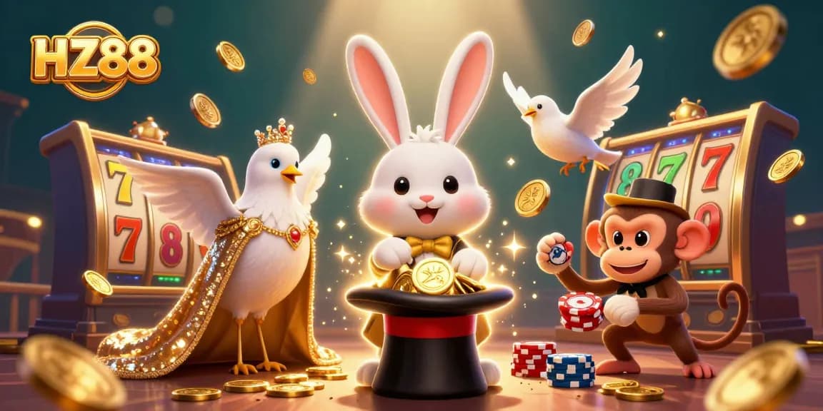 Experience HZ88's vibrant casino atmosphere with a magician and lively elements showcasing winning opportunities.