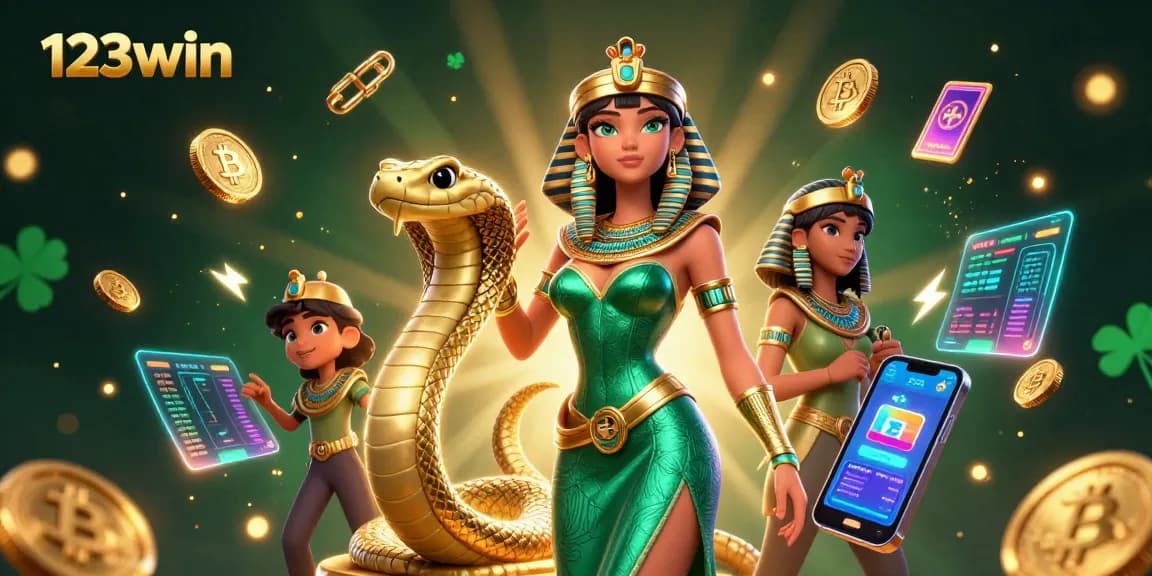 Engage with 123win’s vibrant casino scene featuring a stunning woman and a golden cobra with crypto elements.
