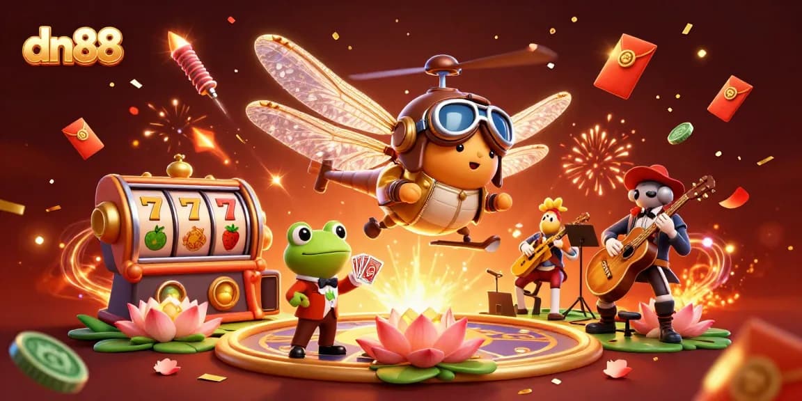 Engage with exciting dn88 gaming experiences as a dragonfly pilot interacts with a frog croupier amidst vibrant casino elements.