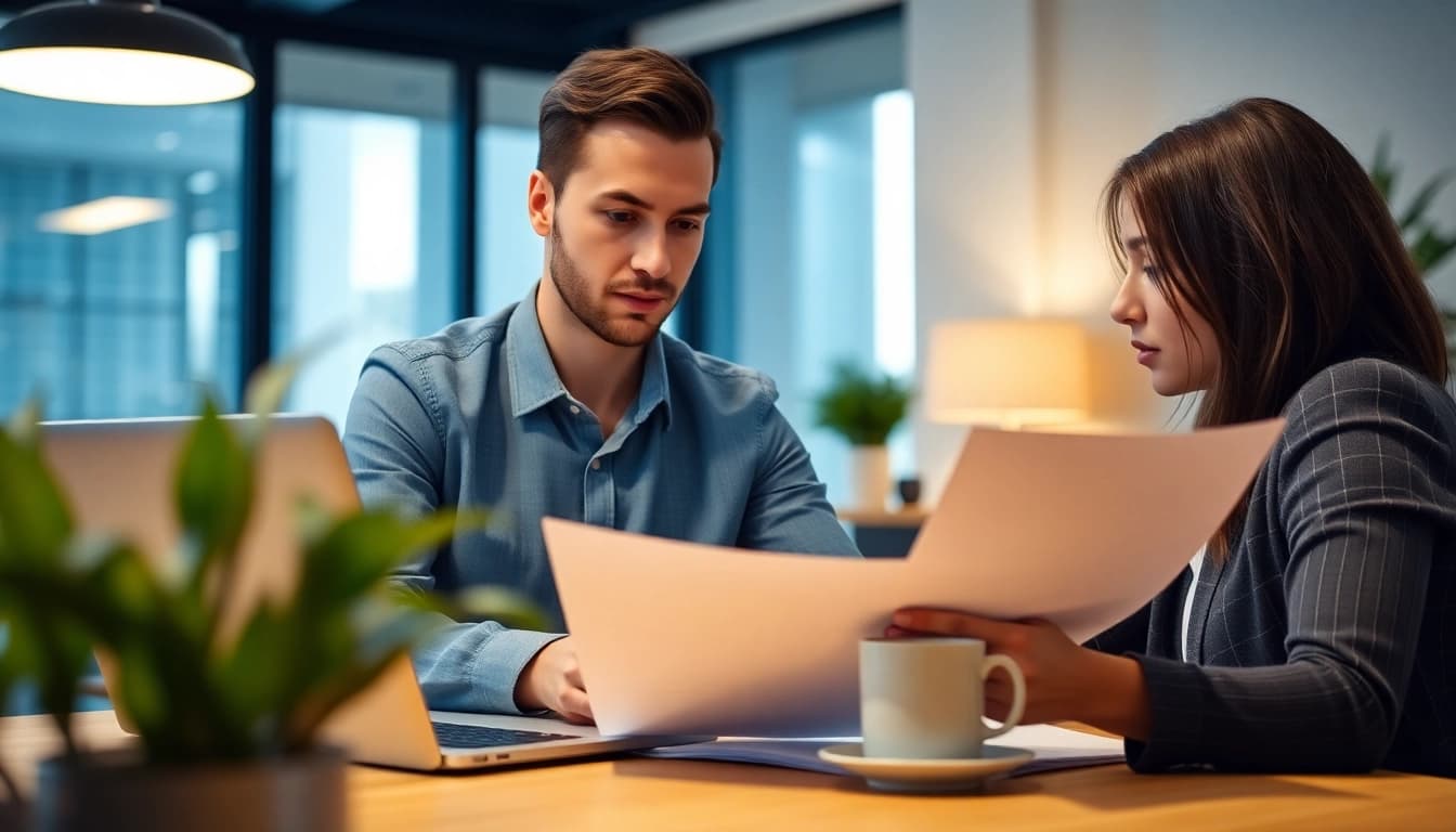 Headhunter analyzing candidates' resumes in a sleek office environment.