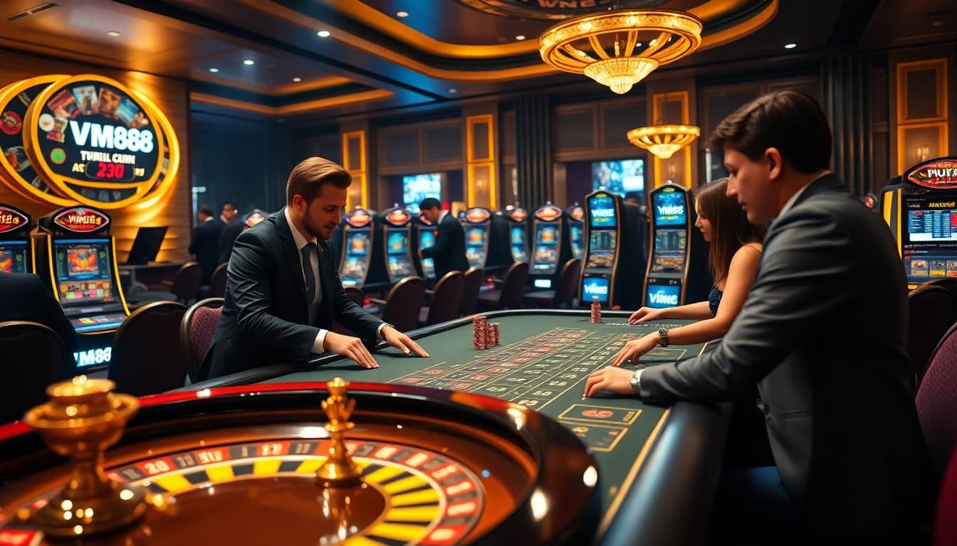 Experience the excitement of VM88 with a dynamic casino atmosphere, featuring professional dealers and vibrant gaming elements.
