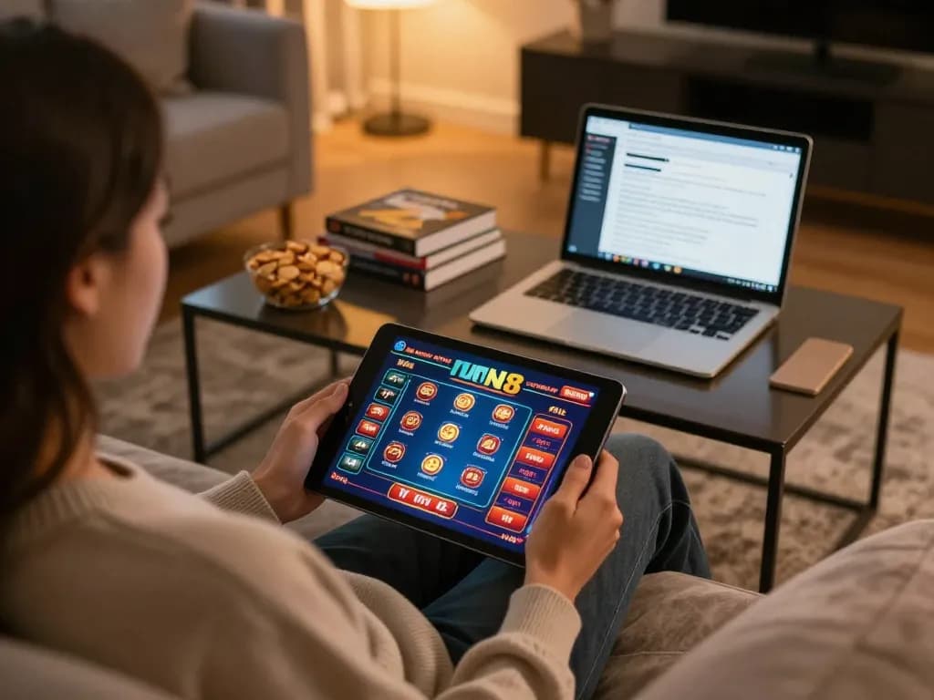 Engaged player using tablet to play MK8 online casino games in a cozy living room.
