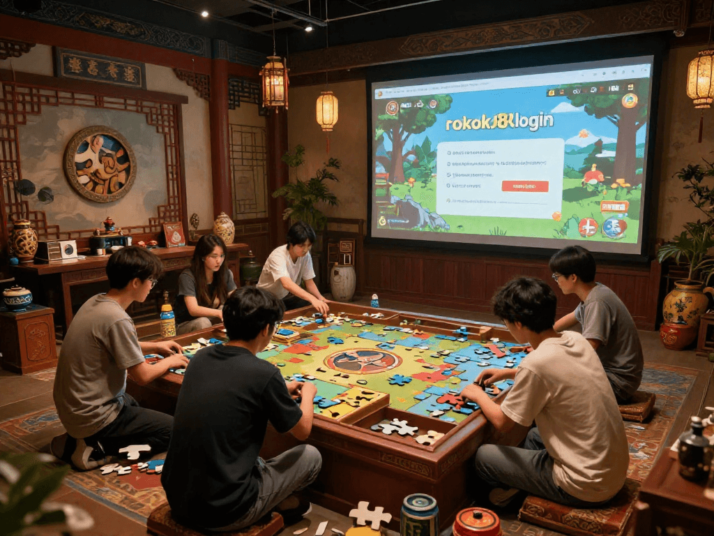 Players enjoying 'rokok88 link login' in a beautifully themed gaming environment, surrounded by intricate Eastern decor and engaging puzzles.