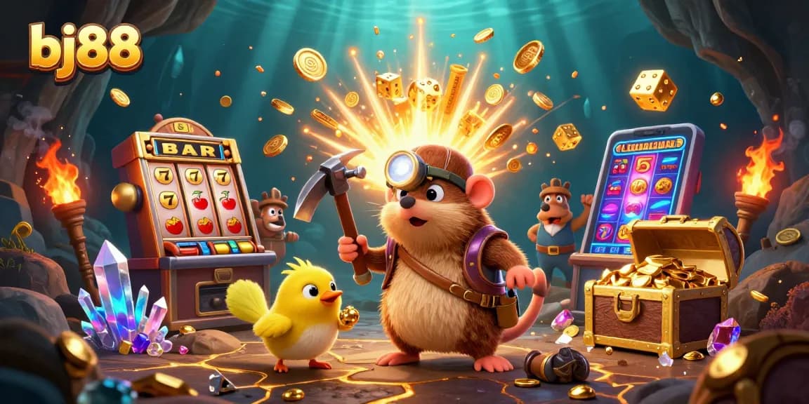 Engage with bj88's thrilling casino experience featuring a treasure hunter, slot machine, and golden riches.