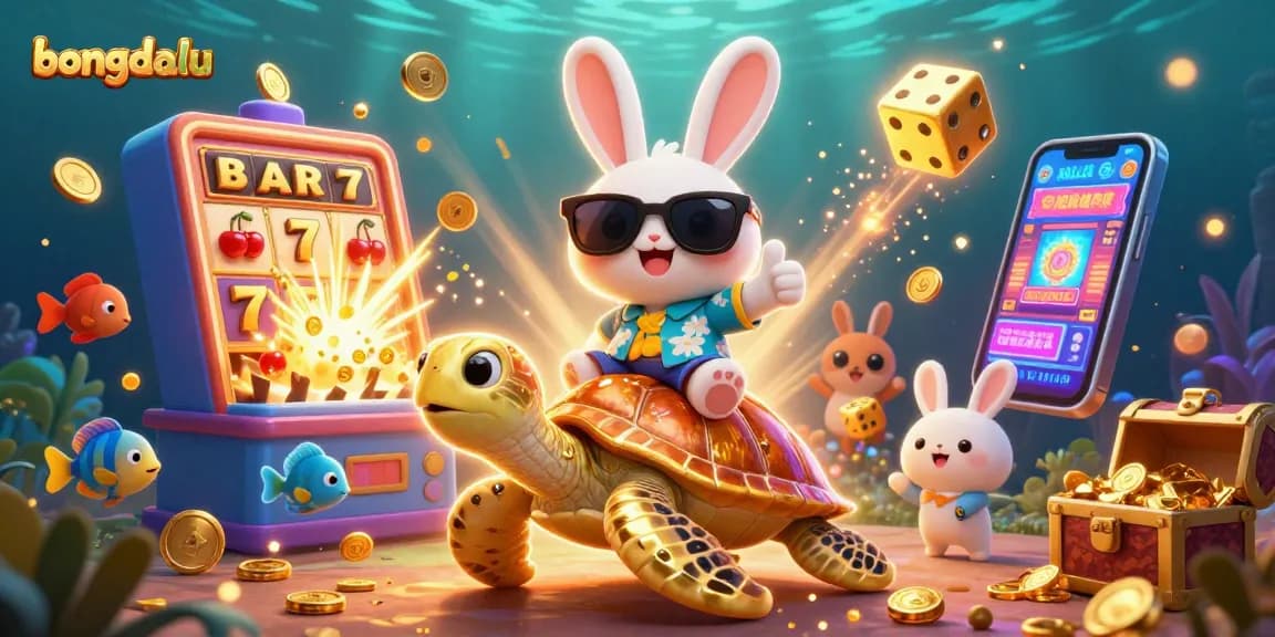 Engage with Bongdalu's lively scene featuring a lucky rabbit and golden turtle amid casino excitement.