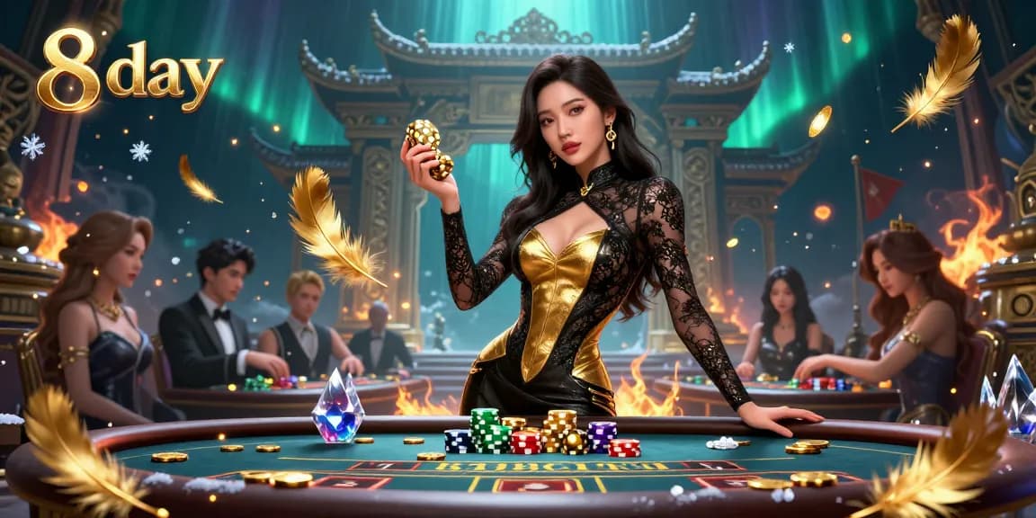 8 day casino illustration features a glamorous Asian woman at a VIP baccarat table, showcasing high-stakes gameplay and rich game elements.