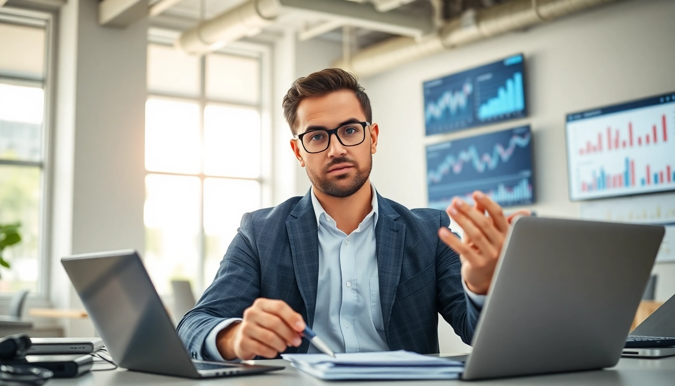 Analyse der Internet Trends durch einen digitalen Marketingstratege in modernem Büro.