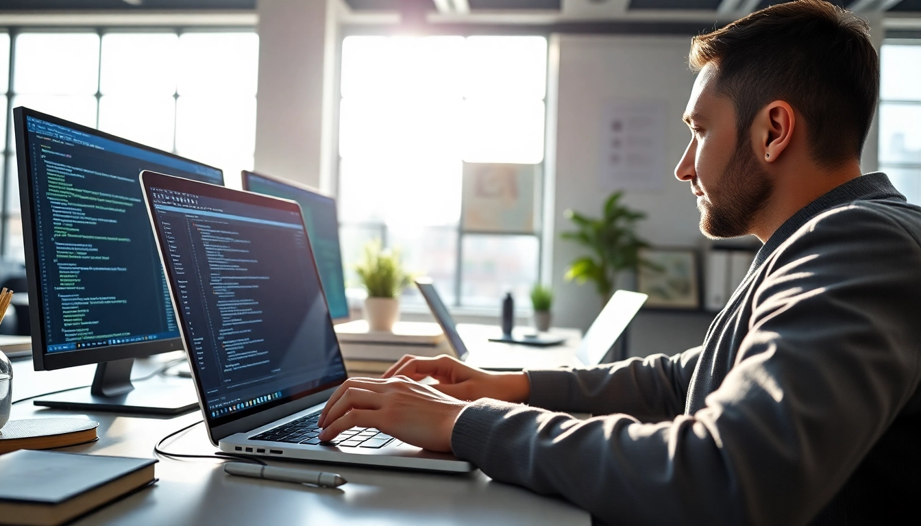 Shopware Entwickler arbeitet produktiv an einem Laptop in einem modernen Büro.