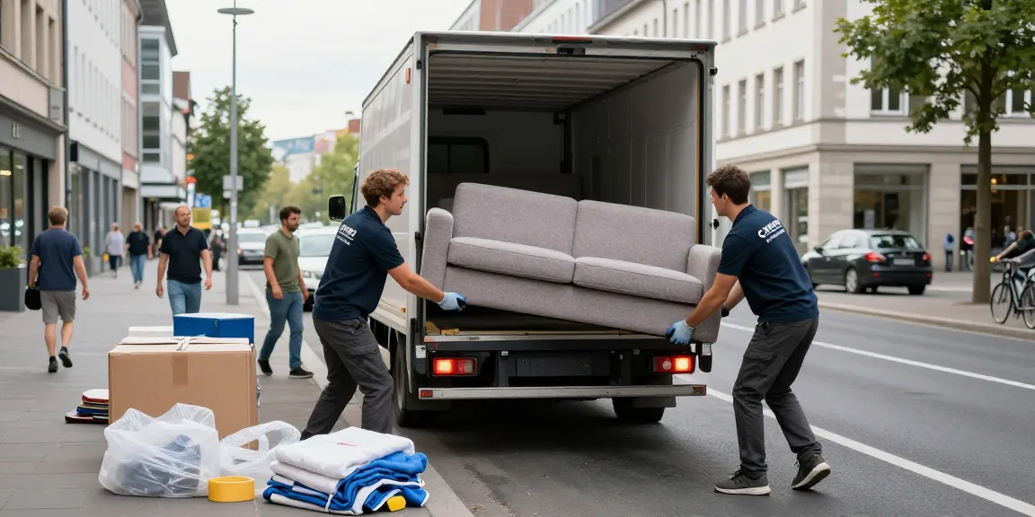 Umzugsunternehmen Darmstadt, professionelle Umzugshelfer heben ein großes Sofa in einen Umzugswagen, effiziente und zuverlässige Umzugsdienstleistungen