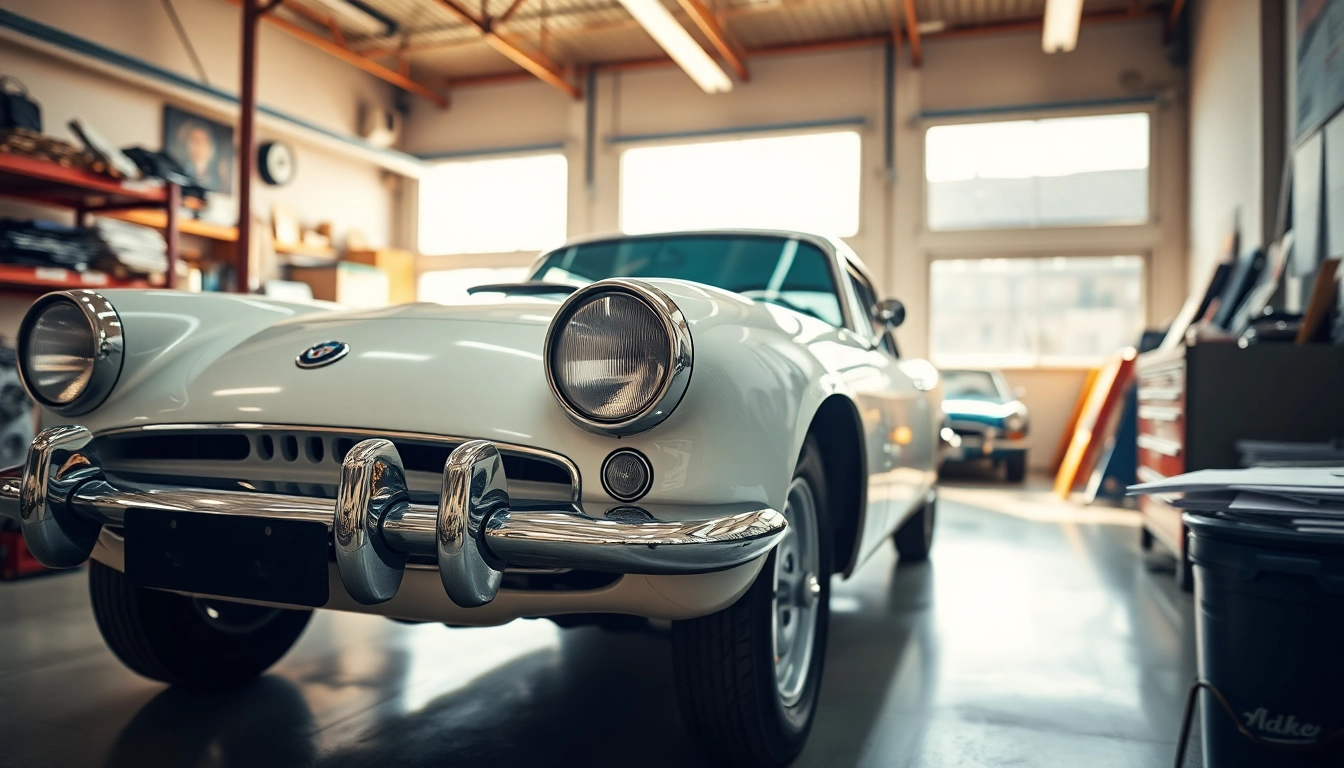 Oldtimer Wertgutachten – Fachmann bewertet klassischen Wagen in einer hellen Werkstatt.