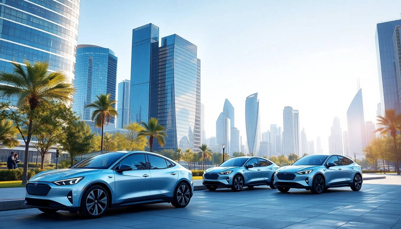 Elektroautos in a futuristic city showing sustainable driving solutions.
