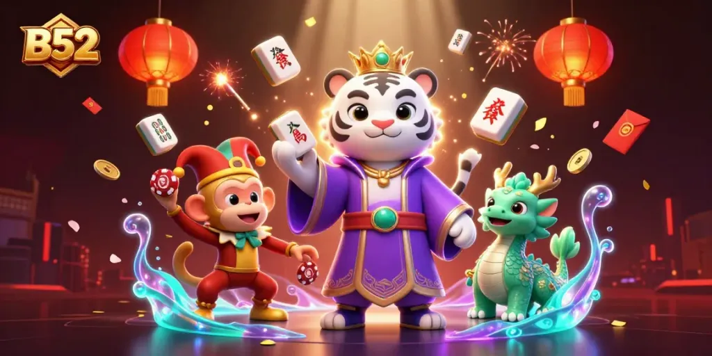 B52 Casino scene with a white tiger, a monkey juggling poker chips, and a jade dragon amidst vibrant gambling elements