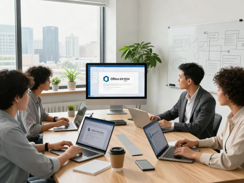 Produktives Büro mit Team, das an Office 2024 Home arbeitet, mit Laptops, Notizen und Präsentation.