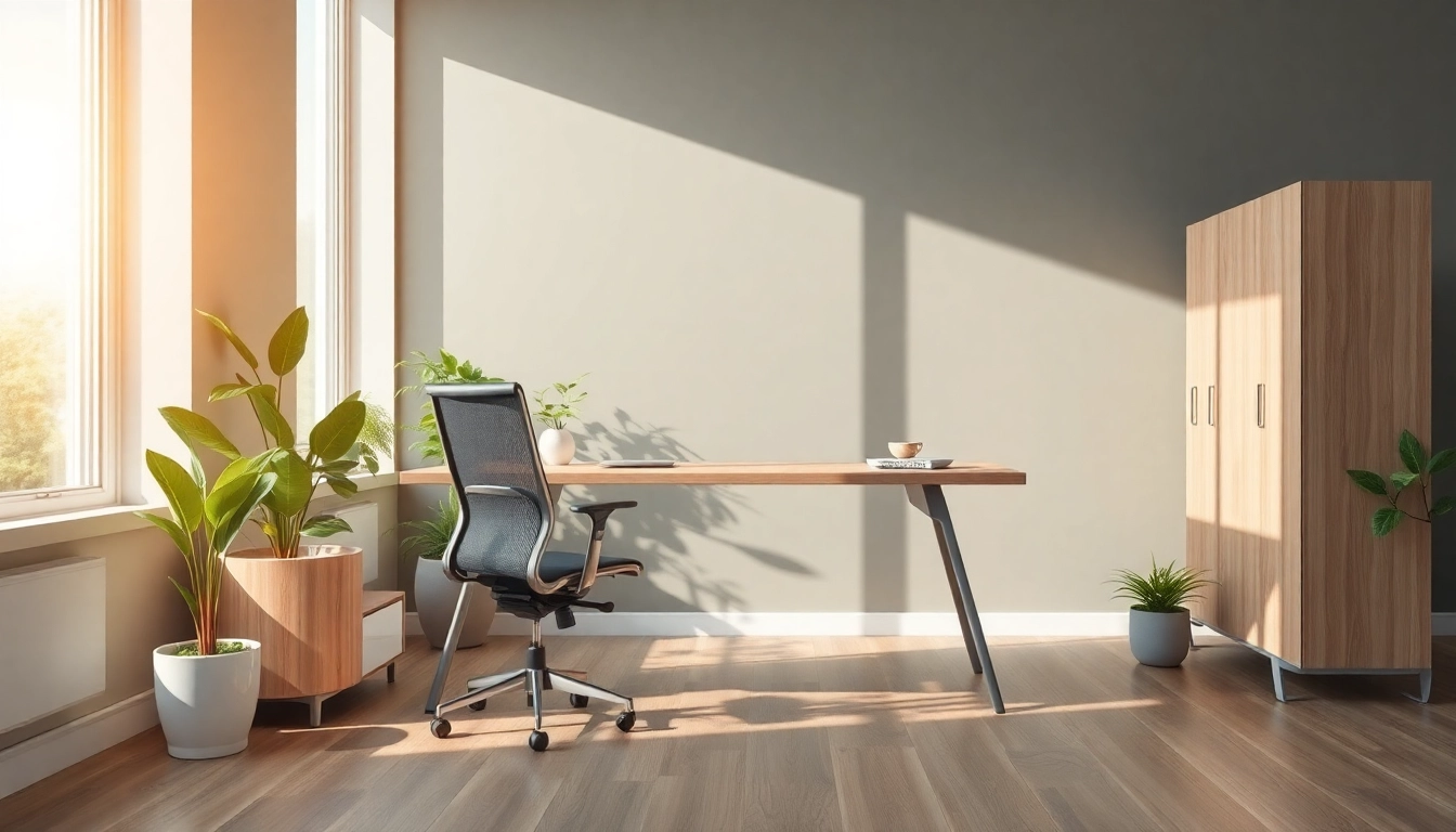 Moderne Büromöbel im eleganten Büro mit Schreibtisch und ergonomischem Stuhl