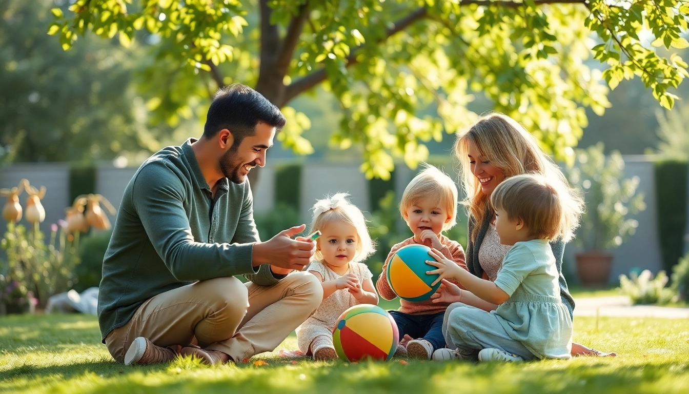 Eltern fördern spielerisch die Kindererziehung im Garten, umgeben von warmen Farben.