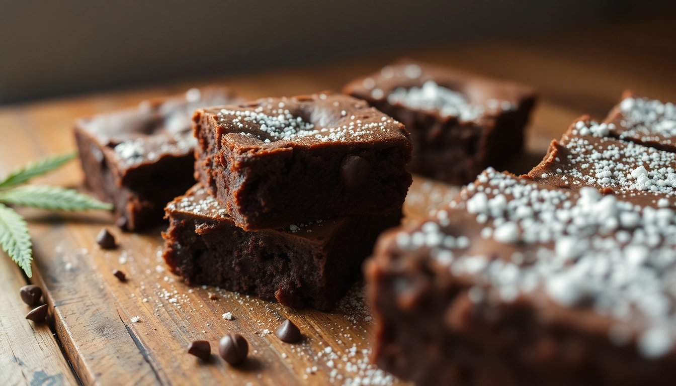 Delicious cannabis brownies topped with powdered sugar, showcasing their rich chocolate texture.