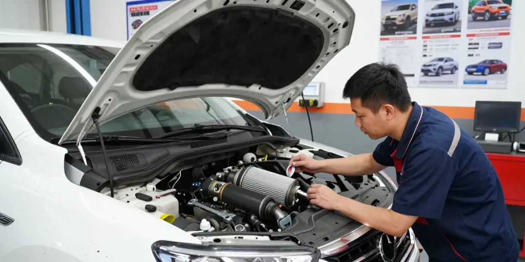 Mechaniker bei der Überprüfung der DPF-Regeneration in einer professionellen Werkstatt.