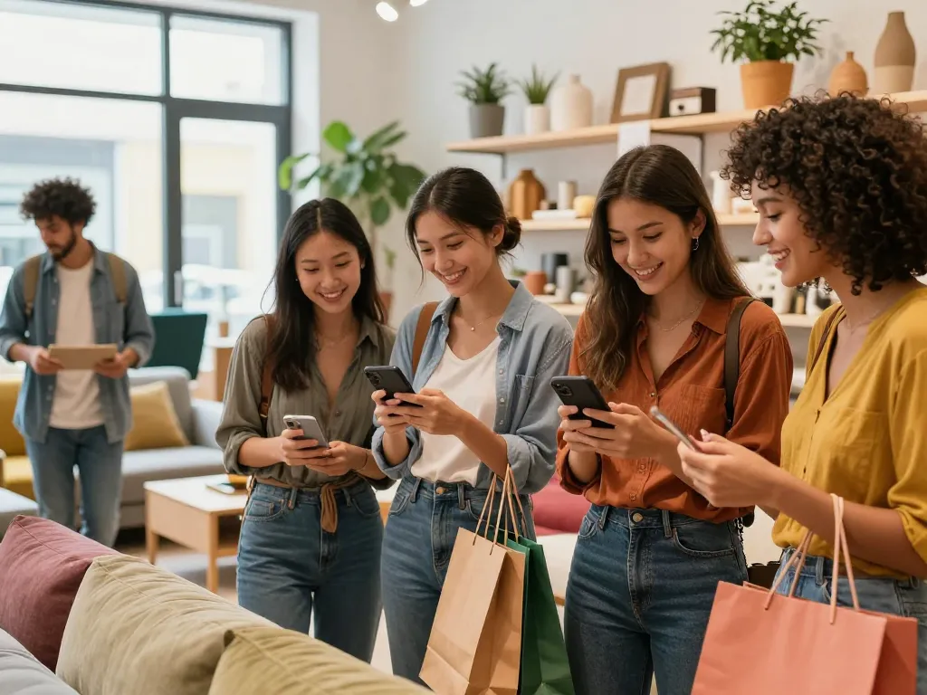 Gruppe von Freunden, die das Einkaufserlebnis für sofort lieferbare Home Decor Artikel in einem lebhaften Geschäft genießen.
