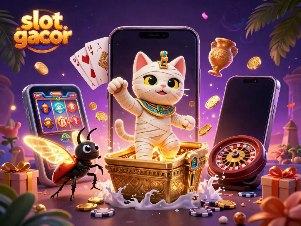 Experience the thrill of slot gacor in a magical casino scene with a mummy cat and golden elements.