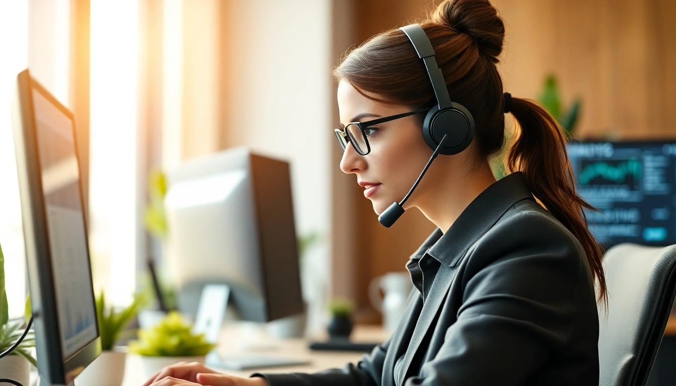 Outbound Calling Agent in einem modernen Büro, der konzentriert am Telefon spricht.