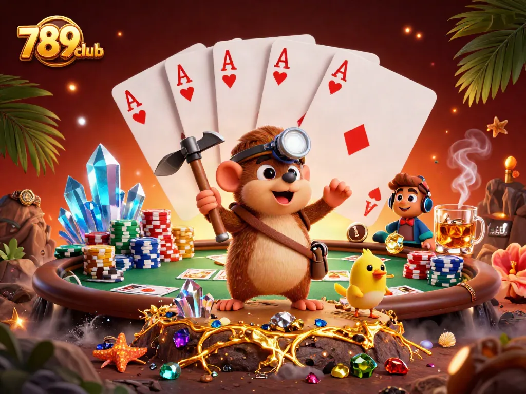 Experience thrilling poker action at 789club with a vibrant 3D casino scene featuring a treasure hunter.