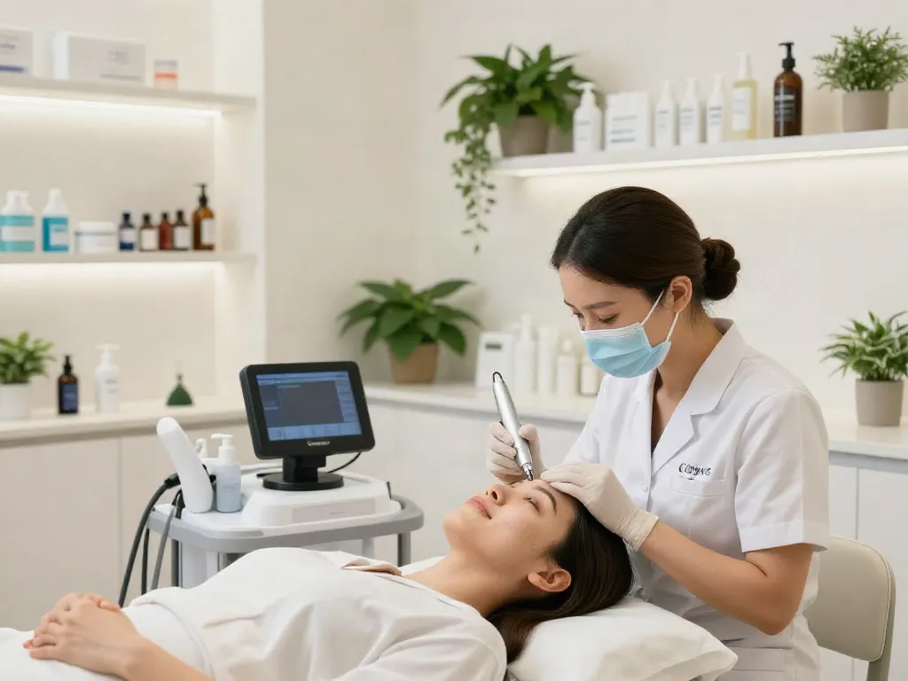 CCeye® Behandlung zur Augenringe abdecken in einem modernen Schönheitssalon mit zufriedener Kundin.