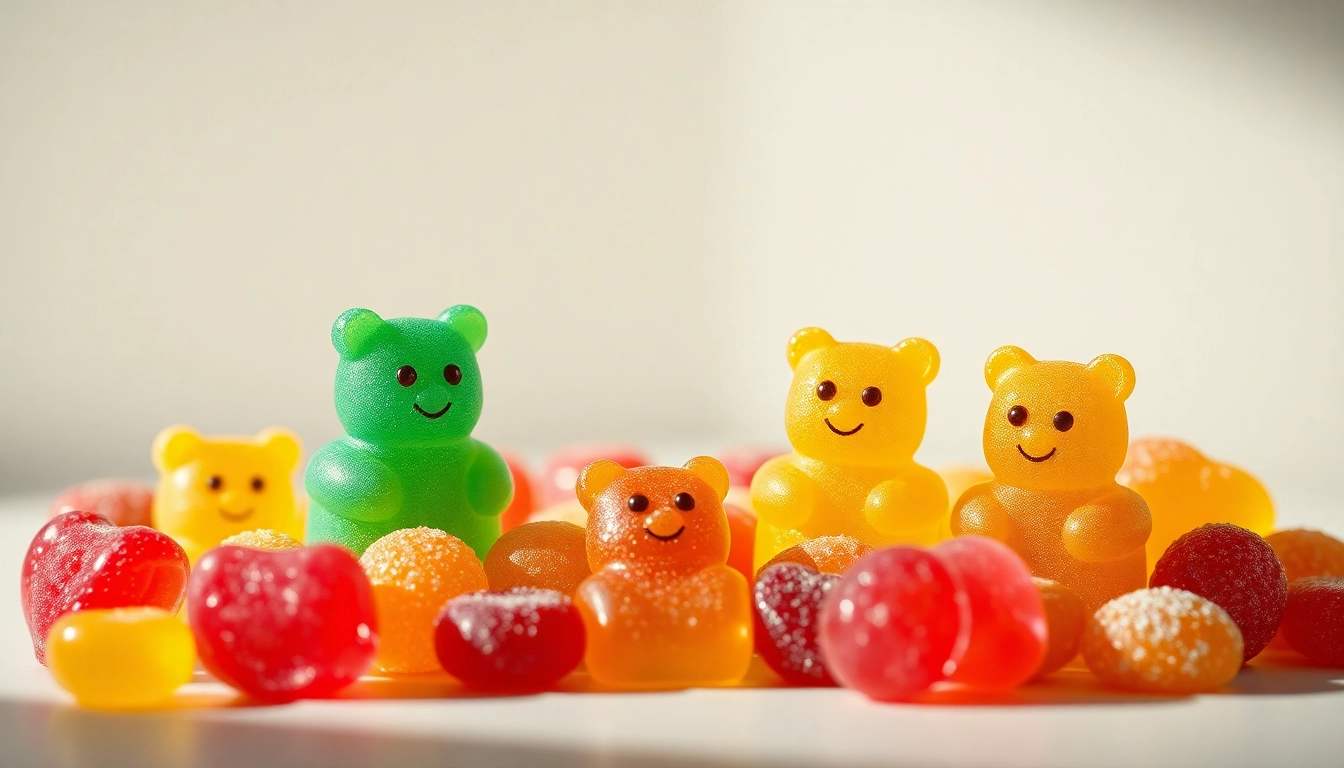 Verführerische THC Gummibärchen in verschiedenen Farben und Formen präsentieren ihre Süße.
