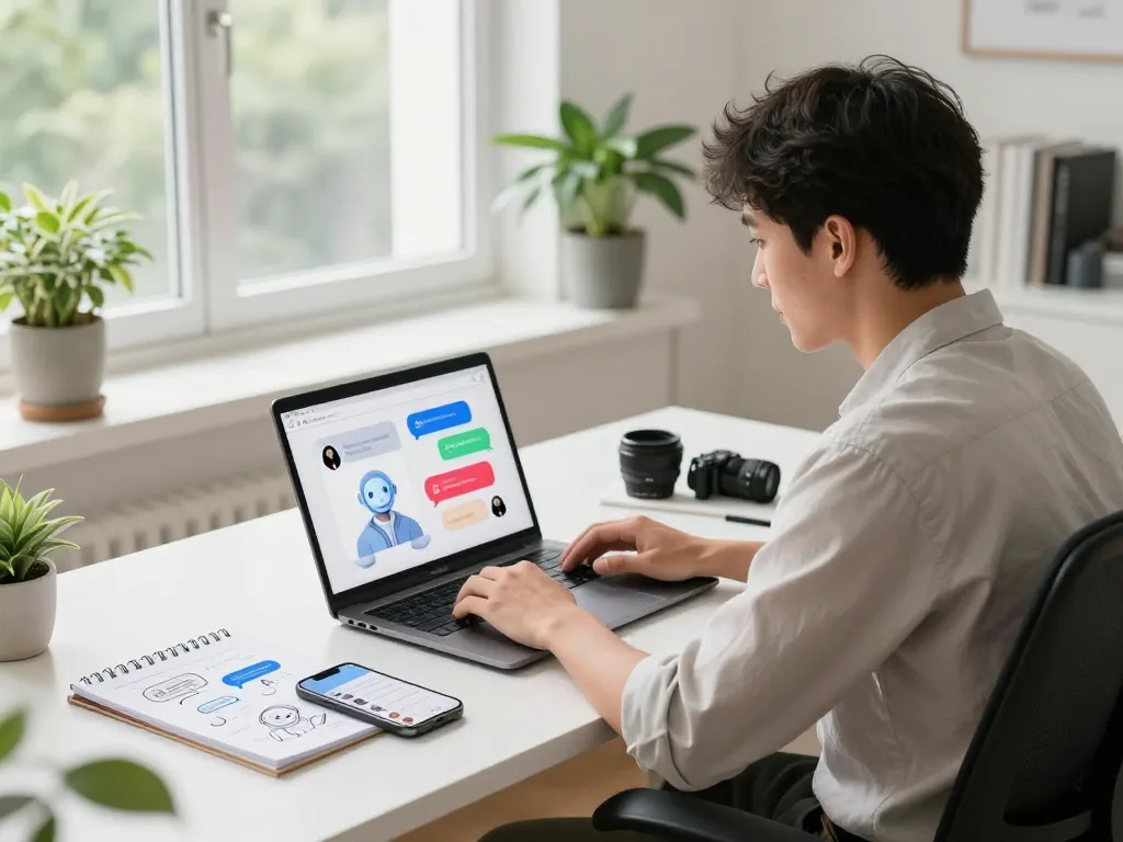 Engaging with sexting AI chatbot on a modern laptop in a bright home office.