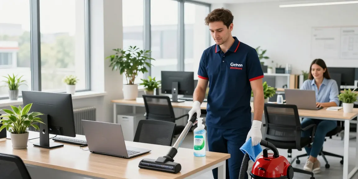 Professional cleaner demonstrating gebaeudereinigung solothurn in a clean office environment.