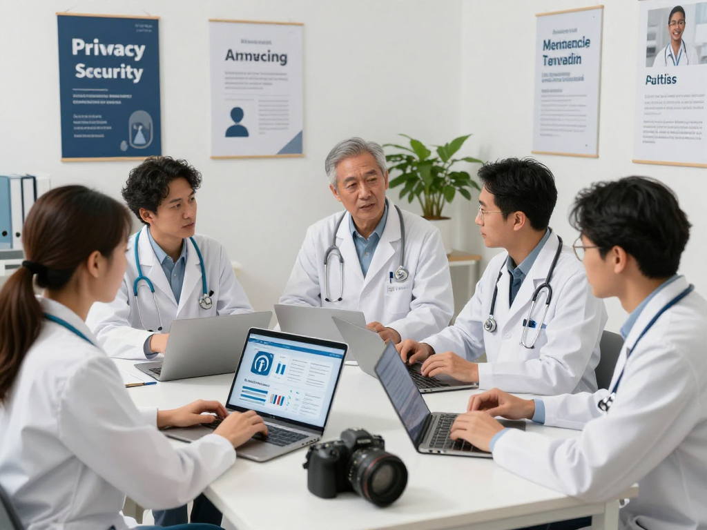 Health professionals discussing Gesundheitswesen Arzt data security strategies in a collaborative office environment.