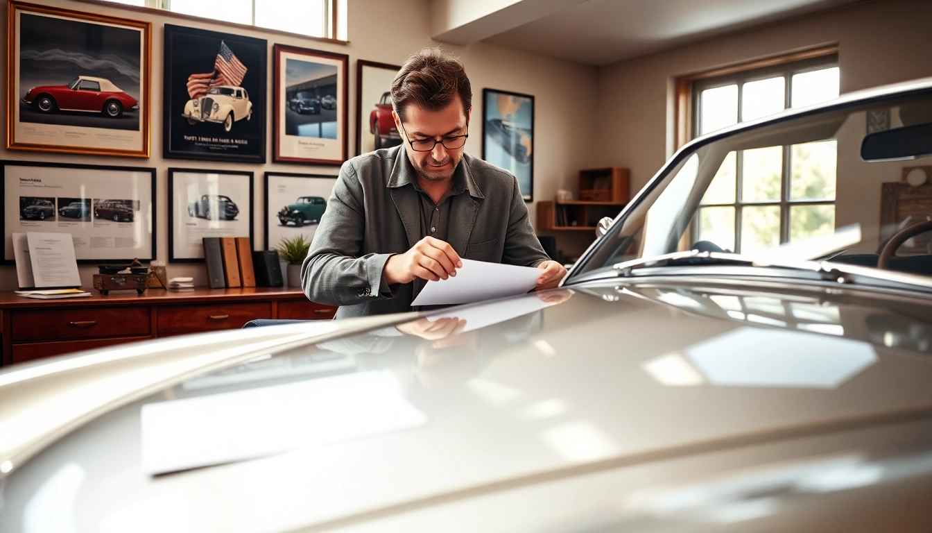 Oldtimer Wertgutachten einer klassischen Autoversicherung in einem modernen Büro analysieren.