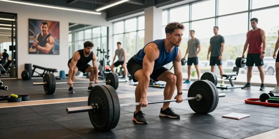 Kraftsportler hebt Gewichte im Trainingsbereich von Steroidshop und zeigt Hingabe und Stärke.