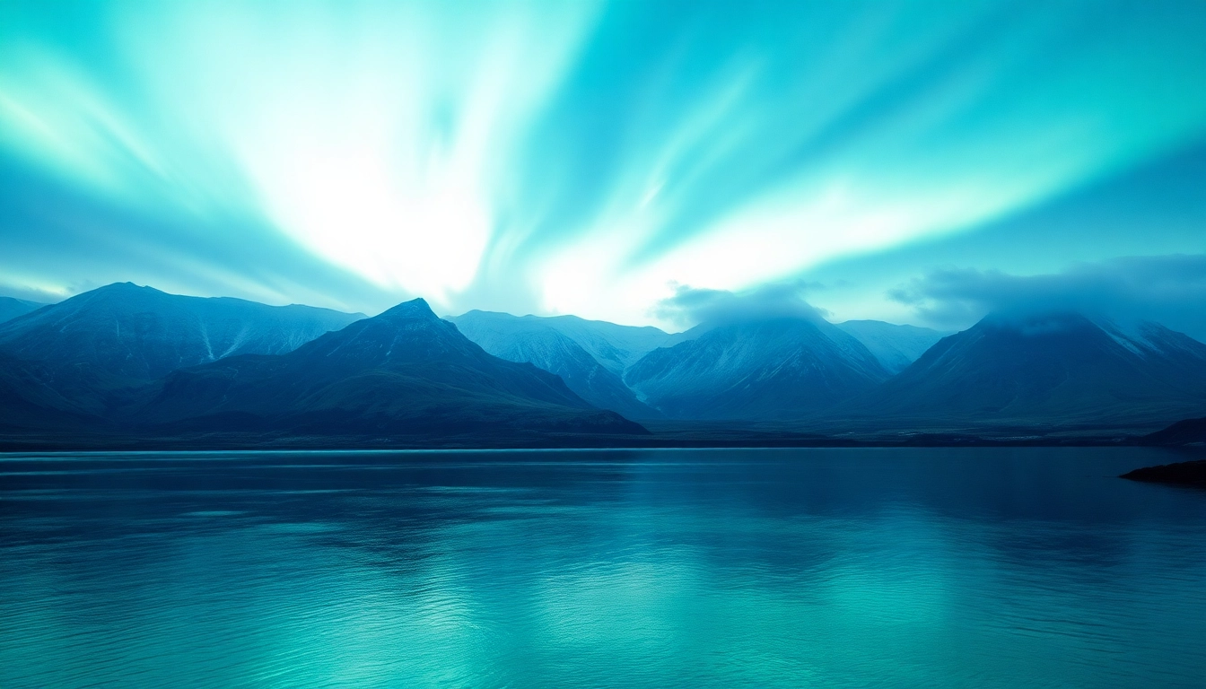 Erleben Sie die magische Atmosphäre während einer Reise nach Island mit strahlendem Nordlicht über einer Vulkanlandschaft und einem spiegelglatten See.