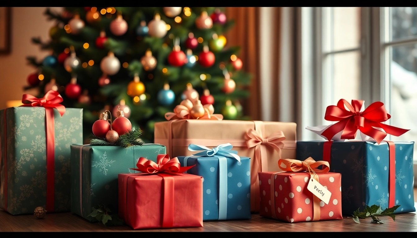 Kreative Geschenkideen schön verpackt auf einem Tisch, umgeben von festlicher Atmosphäre.