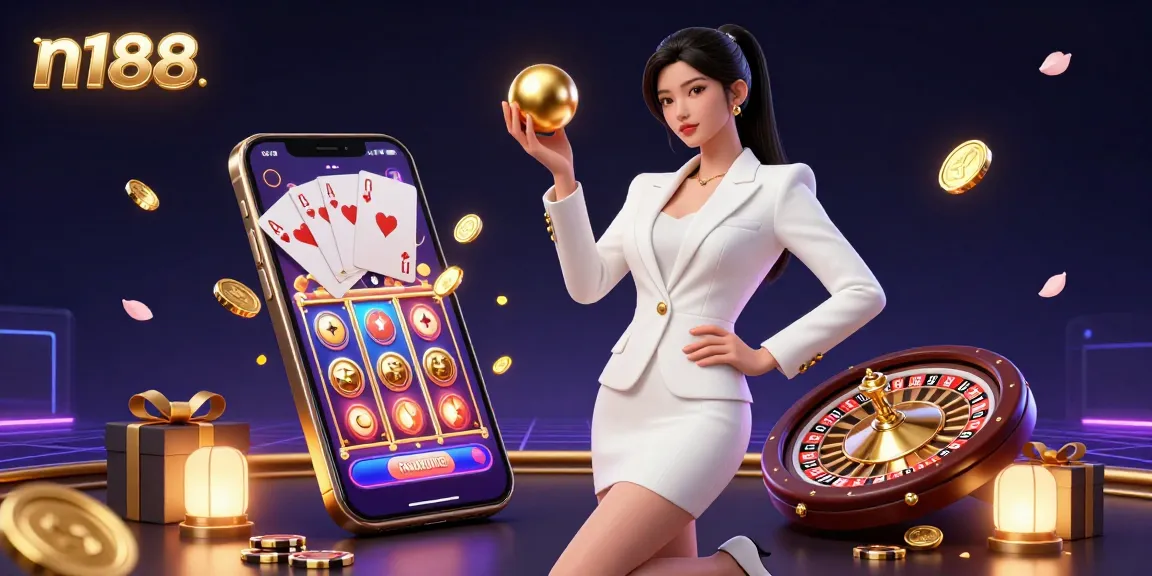 Engage with exhilarating casino action featuring n188 with a stunning Asian woman holding a roulette ball amidst vibrant slot game graphics and golden casino elements.
