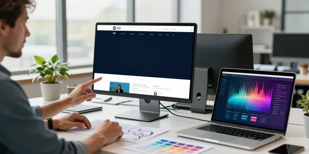 Webdesign Saarland: Zusammenarbeit im modernen Webdesign-Studio mit kreativen Elementen und natürlichem Licht.