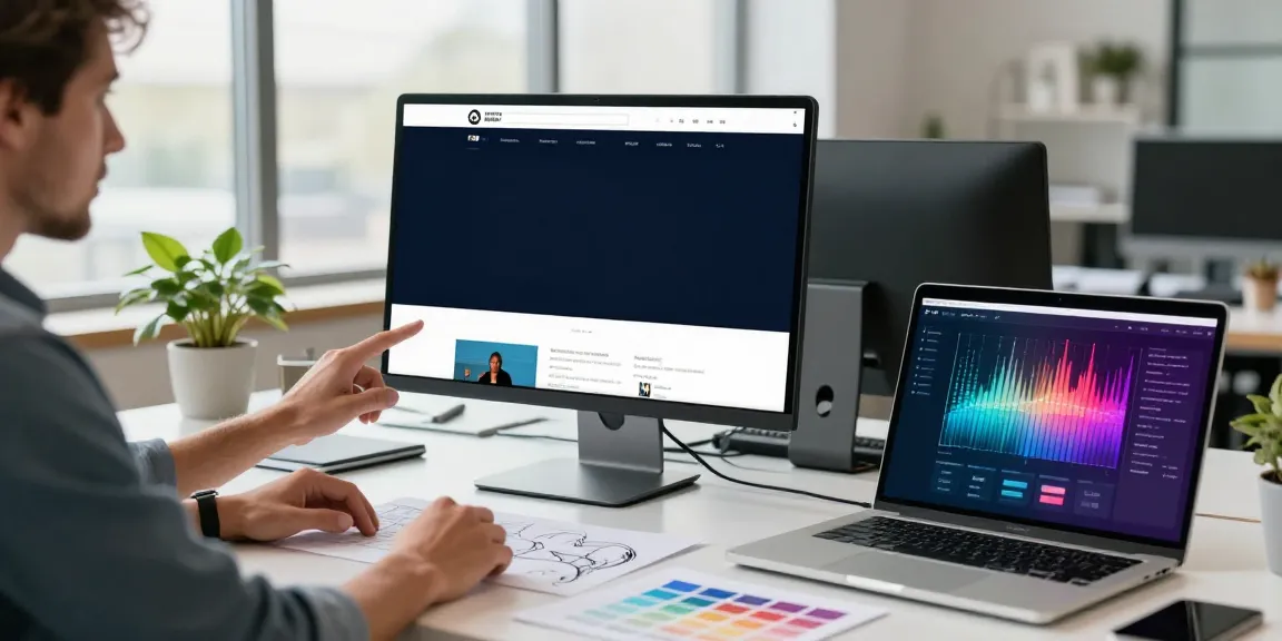Webdesign Saarland: Zusammenarbeit im modernen Webdesign-Studio mit kreativen Elementen und natürlichem Licht.